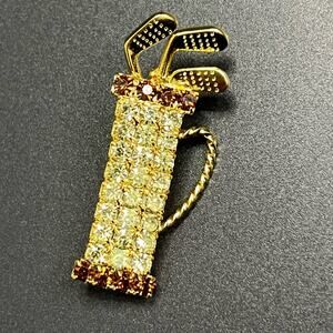Vintage Gold Tone Golf Club Rhinestone Pin Brooch Unsigned
